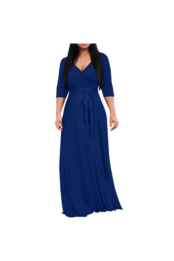 Womens Long Dresses Half Sleeve V Neck Maxi Dresses For Wedding Guest Solid Color Bohemian Long Dress (Blue,XXXL)