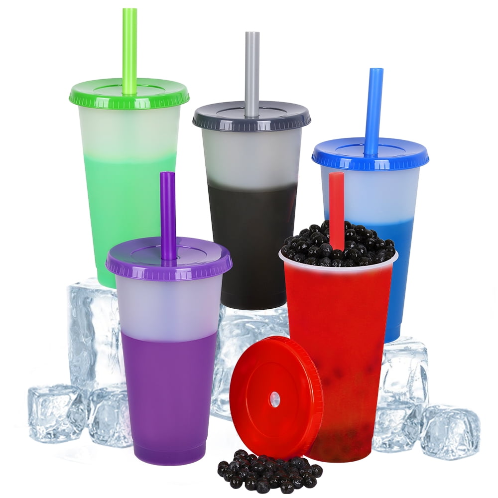Triani Plastic Cups with Lids and Straws for Adults - 5 Reusable Cold Cups  in Bright Colors, 24oz Color Changing Cups Iced Coffee Cup,Smoothie Cups，Multicolour  