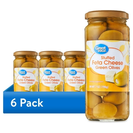 (6 pack) Great Value Stuffed Feta Cheese Green Olives 7oz Jar