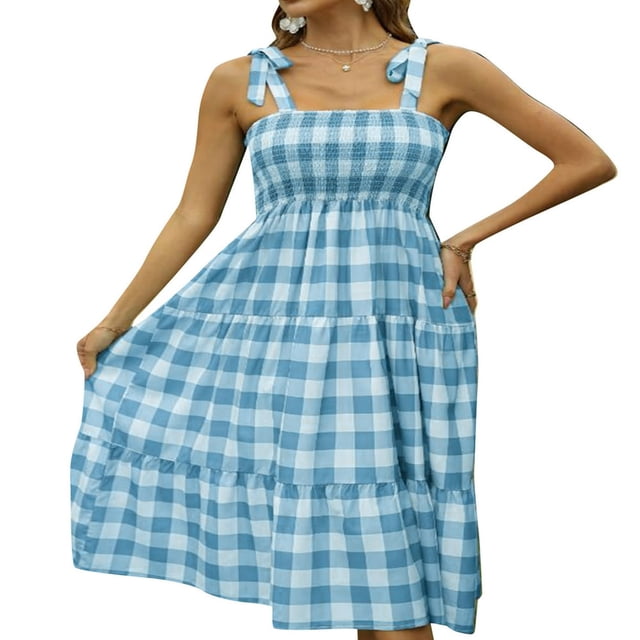 Robe d'Été pour Femmes à Carreaux Froncée Bretelles à Nouer Décontractée Longue Robe Chic de Plage une Pièce