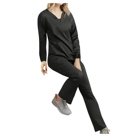 

TAIAOJING Women s Scrubs Set With Pockets Two-piece Worker Set Long Sleeve V-neck Pocket Top Trouser Fashion Wokers Suit