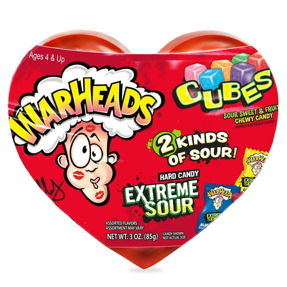 Warheads Sour Filled Valentine Heart (Cubes, Extreme Sour Hard Candy) 3oz.
