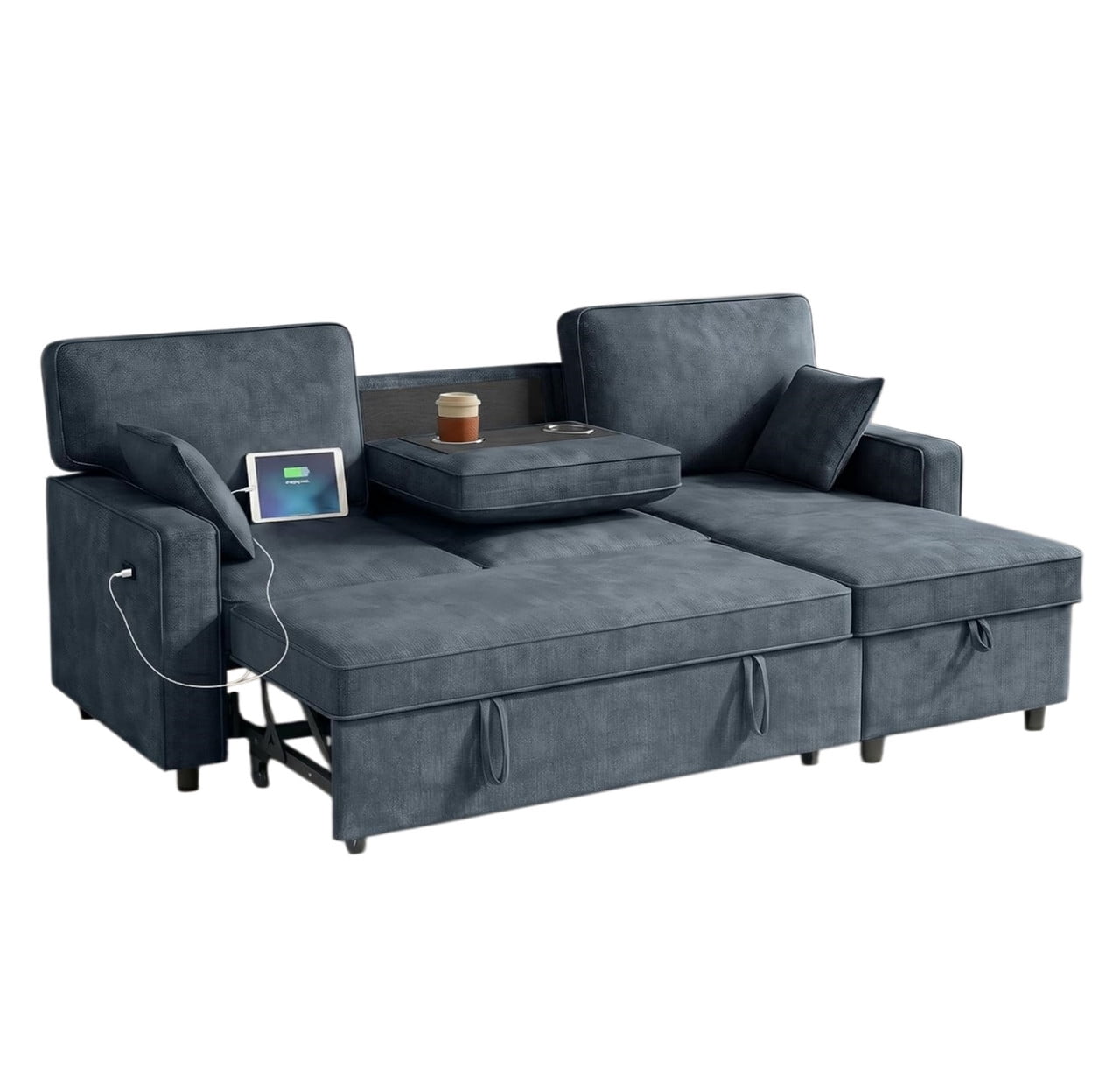 89" L-Shaped Sectional Sleeper Sofa, 3-Seater Pull-Out Couch with Flip-Down Center Console, Cup Holders, Charging Ports & Storage, Chenille Convertible Sofa Bed for Living Room, Apartment & Office