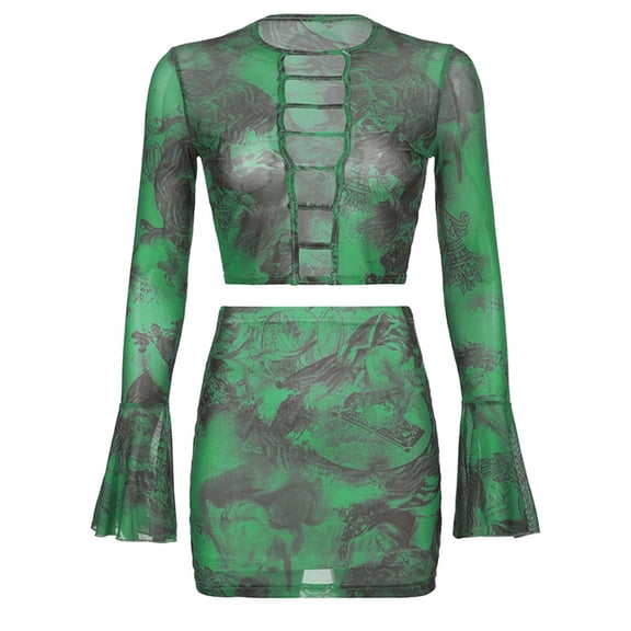 Bibifish Womens Skirt Sets Summer Club Beach Long Sleeve Crew Neck Printed Mesh Tops Cropped Bodycon Mini Skirt 2 Piece Outfits