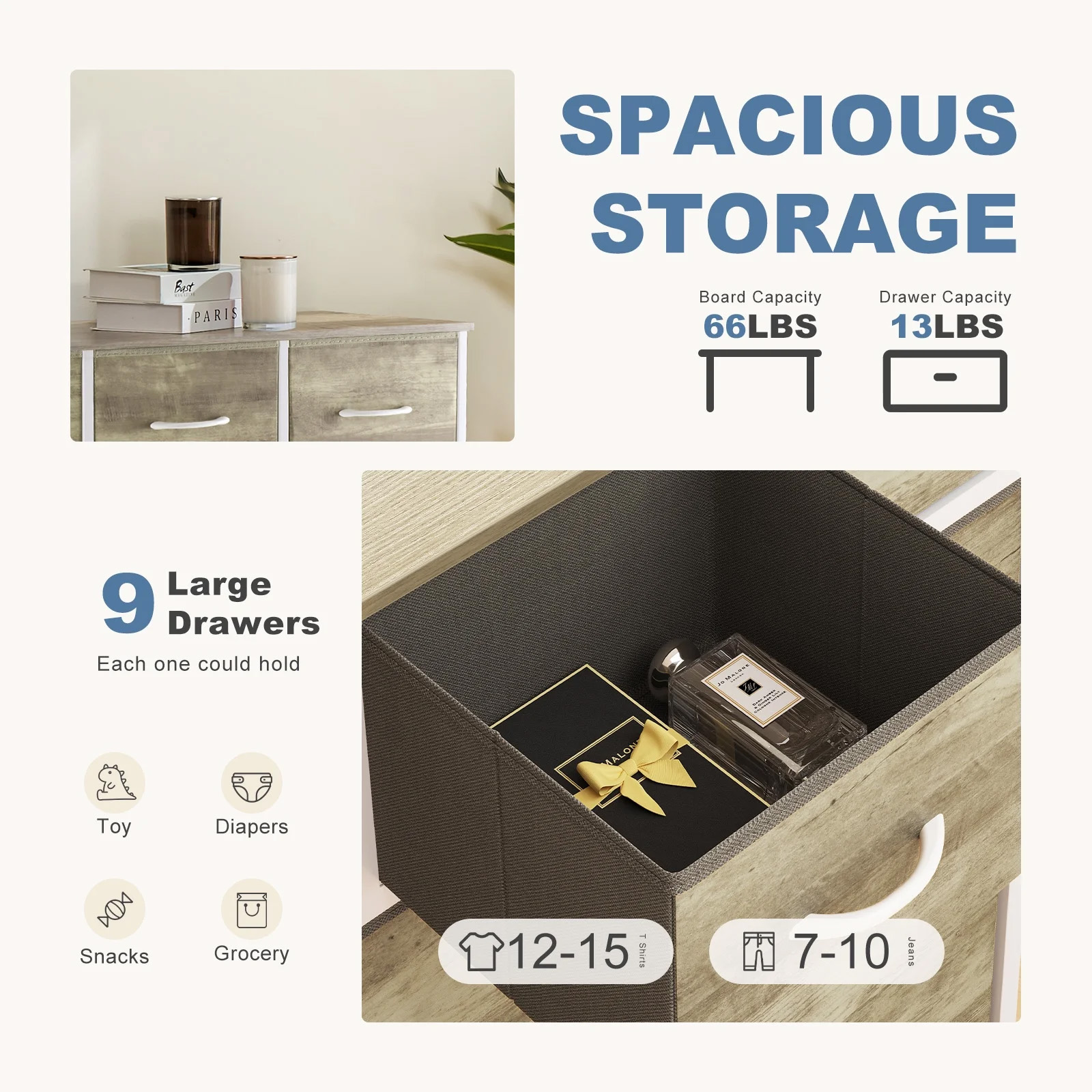 Nextay 9-Drawer Fabric Dresser for Bedroom, Storage Dresser Closet with Steel Frame & Wooden Top for Living Room, Dressing Room, Entryway, Greige Oak