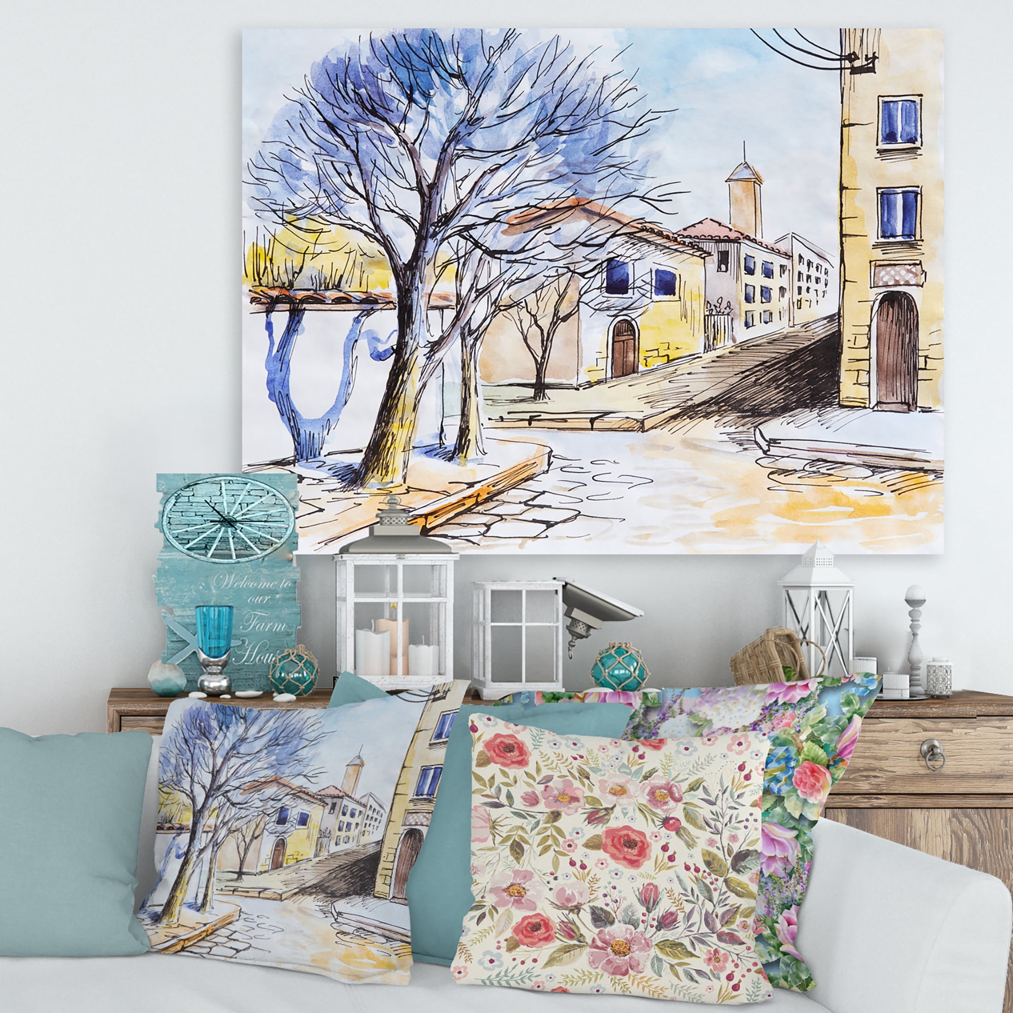 Designart ' Vintage White House In Summer VIllage ' Traditional Canvas Wall Art Print