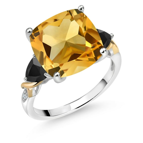 Gem Stone King 925 Silver and 10K Yellow Yellow Citrine and Black Onyx and Diamond Ring for Women (7.23 Cttw, 12MM Cushion and 5mm Trillion) (Size 6)