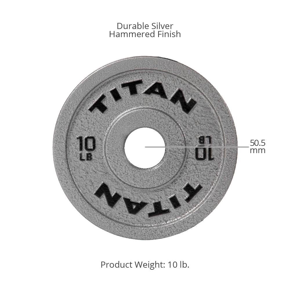 Titan Fitness 10 LB Cast Iron Olympic Plates, Sold In Pairs, Classic Weight Plate Design, Silver Hammer Finish