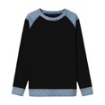 thumbnail image 5 of Women's Denim Trim Sweatshirt, Crewneck Pullover with Denim Accents, Long Sleeve Casual Loose Fit Top, Streetwear Fashion Crewneck Sweatshirt Black L, 5 of 5