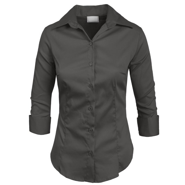 J. METHOD Chemise Boutonnée pour Femme Manches 3/4 Col Roulé Extensible Bureau Travail Formel Décontracté Blouse Basique Haut NEWT01 Charbon 1X