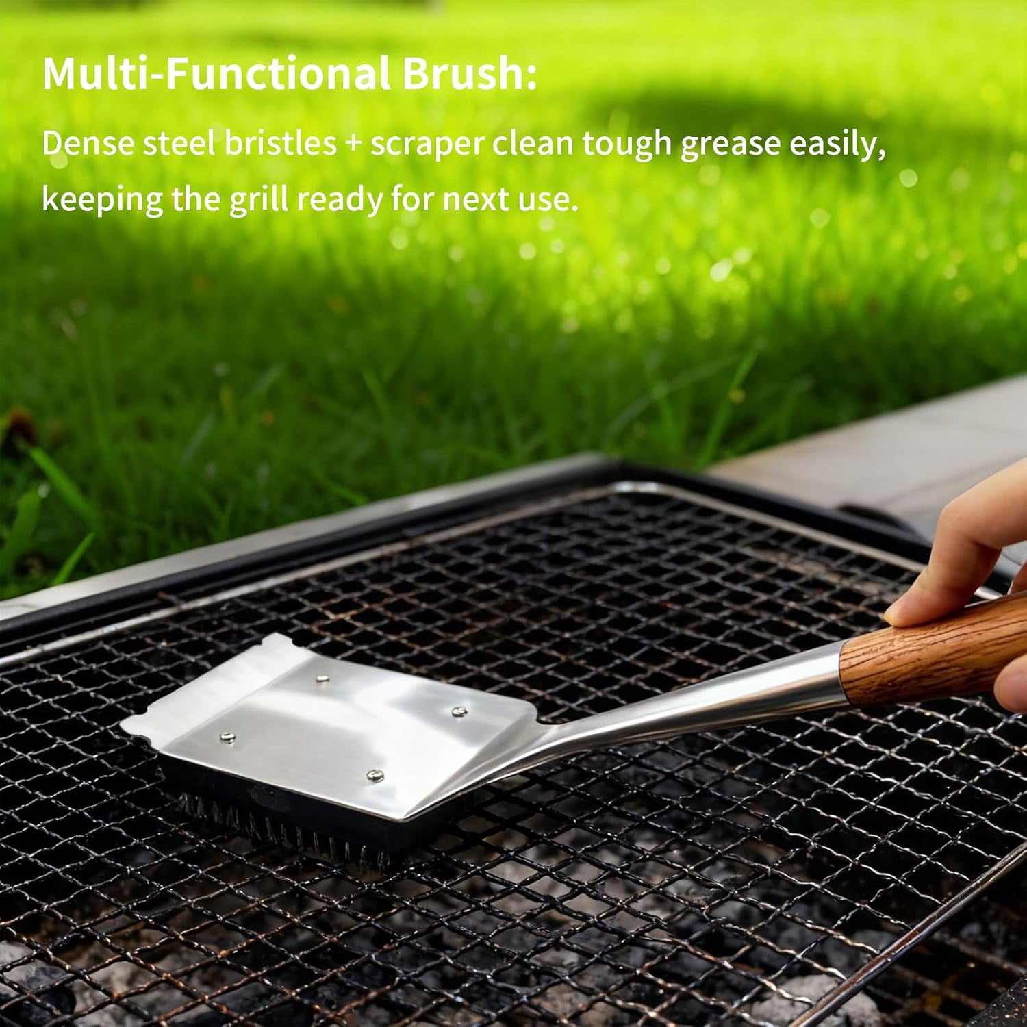 BBQ Grilling Accessories, Outdoor Grill Set with Spatula, Fork, Brush & Tongs, Stainless Steel Grilling Tools with Non-Slip Wooden Handle