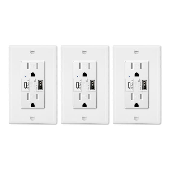 GREENCYCLE 3 Pack High Speed 4.2A USB Type C/A Dual USB Charging Ports 15A Tamper Resistant Receptacle White Duplex Outlets Wall Plates Socket Compatible with iPhone Samsung Smartphones UL Listed