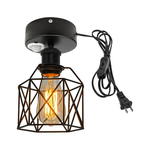 Kiven Motion Sensor Ceiling Light, Motion Activated Plug-in Ceiling lamp with E26 Socket and Black Hollow Lampshade, Industrial Motion Lights, Adjustable Delay Time for Bathroom Hallway Laundry