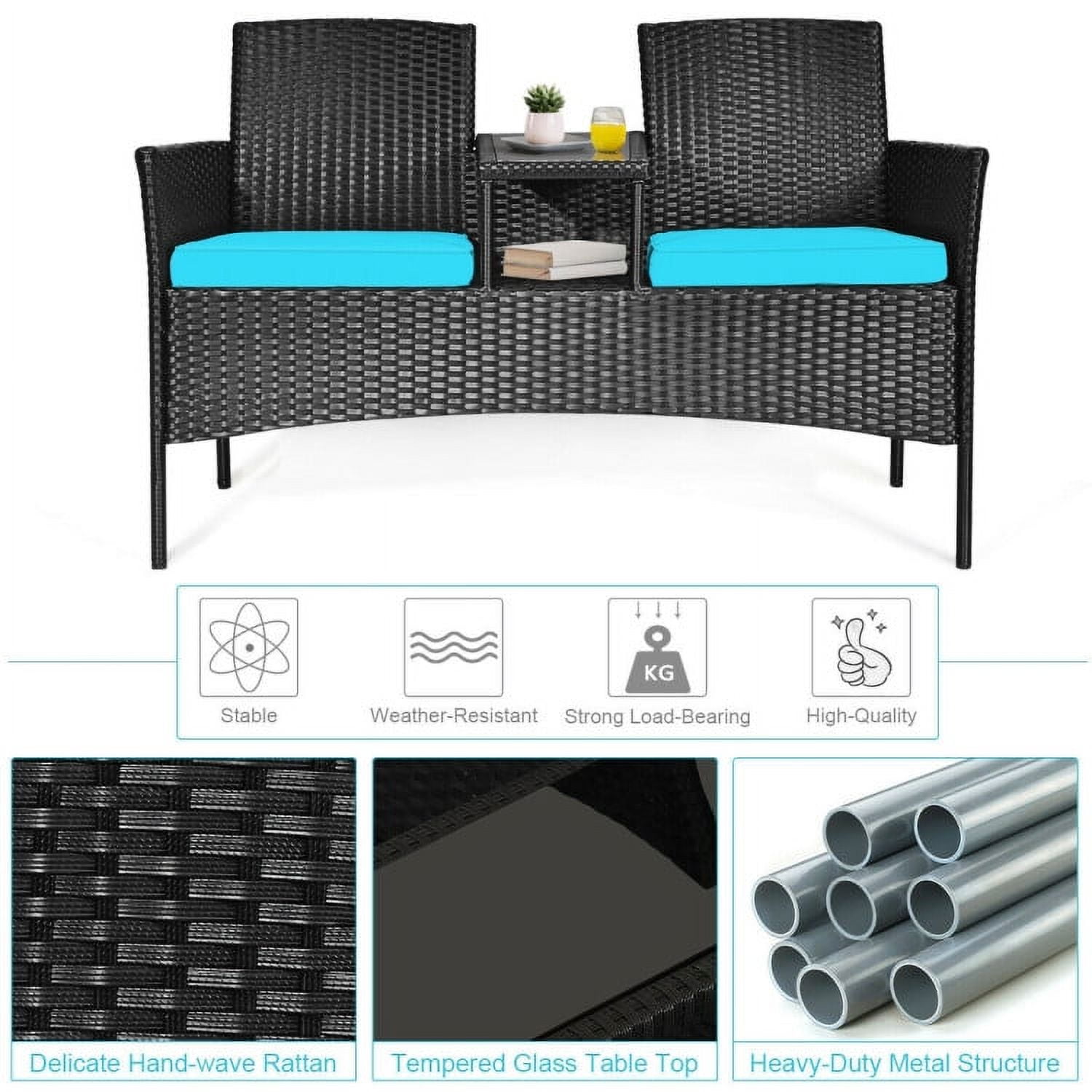 Aimee Lii Modern Patio Conversation Set with Built-in Coffee Table and Cushions, Balcony Chair, B-Turquoise