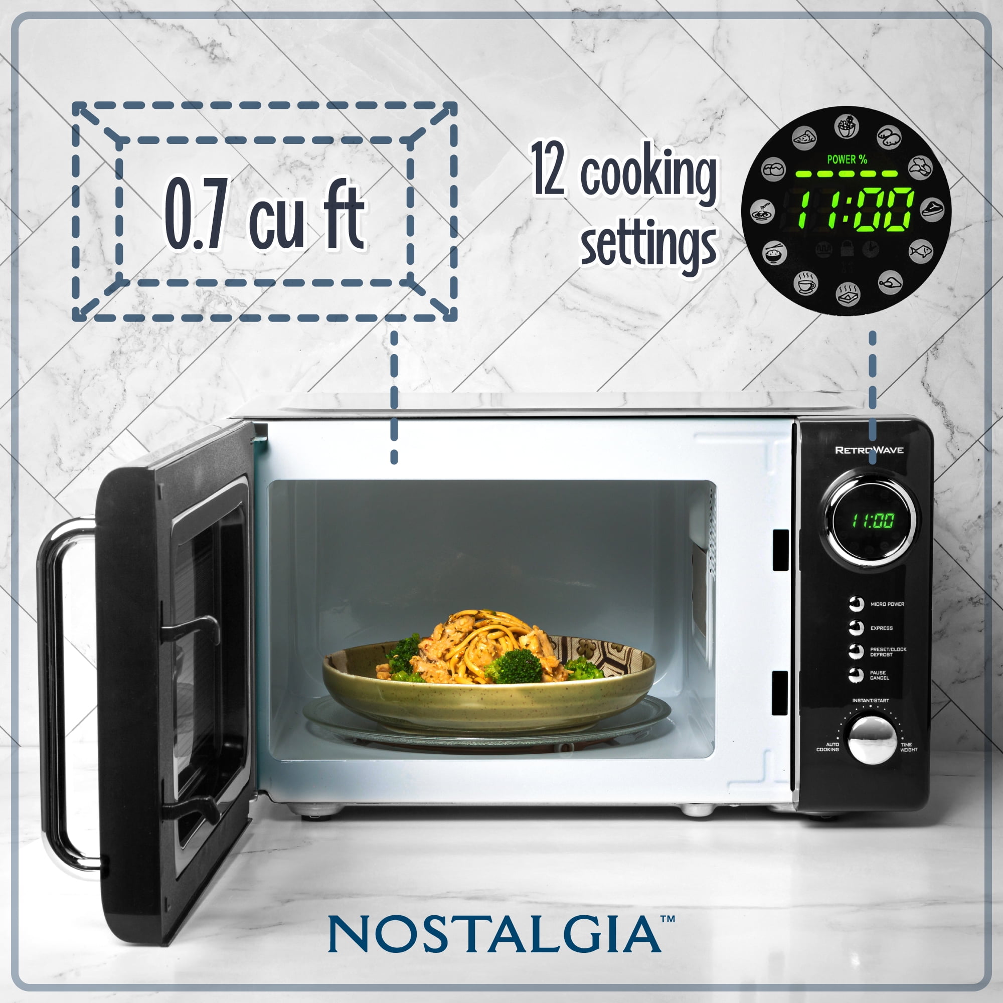 Nostalgia 0.7 cu ft Retro Microwave Oven, 700W Countertop Microwave Oven with LED Display, Black