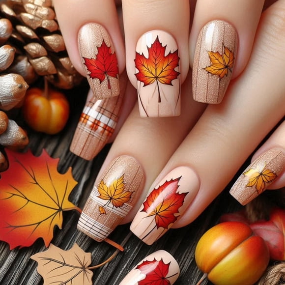 Press on Nails GCSQW Fall, diseño de hoja de arce cuadrada mediana