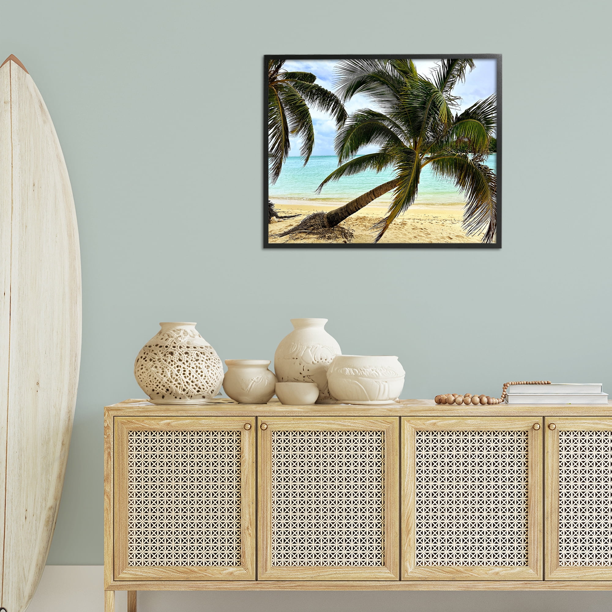 Stupell Industries Leaning Palms on Beach Landscape Photography Black Framed Art Print Wall Art, 30 x 24