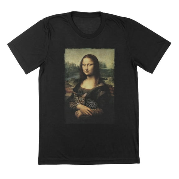Mona Lisa Kitty Humor Graphic Black Mens T-Shirt