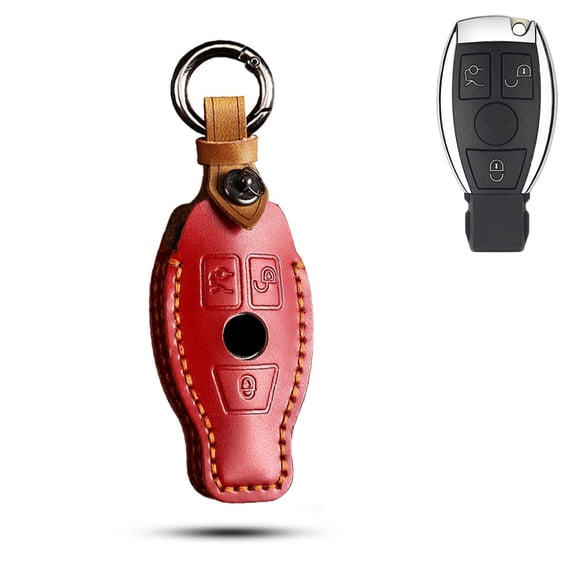 Leather Mercedes Key Fob Cover with Keychain Keyless 3 Button Smart Key Case for Benz A Class B C E S G M V Class CLA CLS GLA GLC GLE GLK GL GLS SL SLK SLC