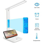 Desk Lamp, Wireless ​LED Desk Lamp​ with Smart Features (Clock, Alarm, Date, Temperature) - Adjustable, Foldable ​Table