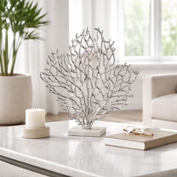 Decorative Metal Coral on Marble Stand Sculpture for Home Decor - Coastal Decor for Living Room, Bedroom, and Entryway Table - 21", Silver & White