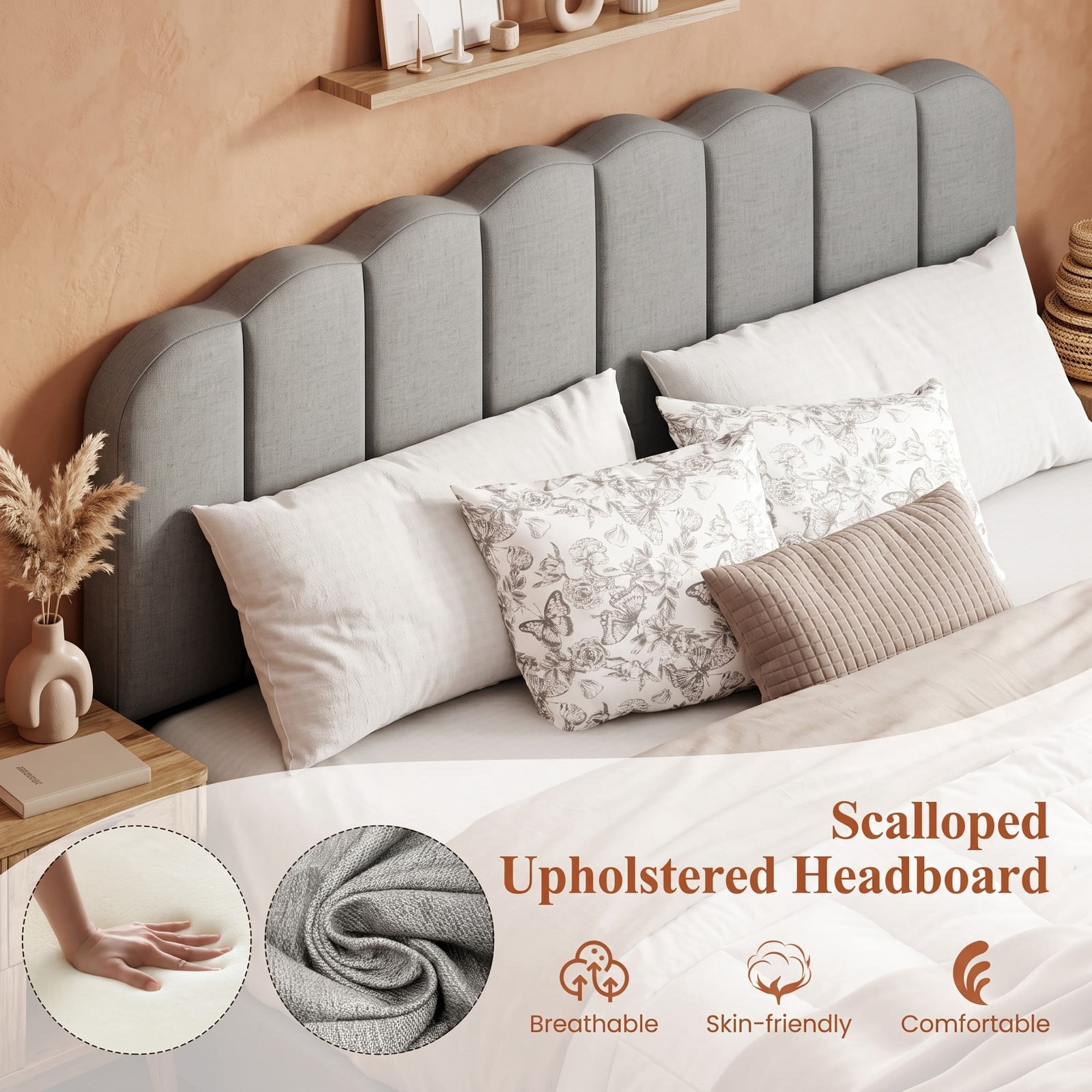 Furnibear Queen Size Bed Frame, Upholstered Platform Bed Frame with Adjustable Scalloped Headboard and LVL Slat Support, Queen Bed No Box Spring, Gray