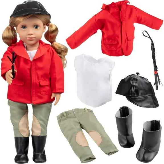 Dress Along Dolly 6pc Horseback Riding Outfit - 18" Doll Clothes & Accessories Compatible w American Girl Dolls - Equestrian Set Includes Hat, Shirt, Jacket, Pants, Boots, & Crop - Gifts for Girls