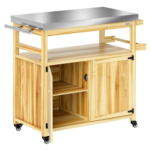 Outdoor Grill Cart w/ Stainless Steel Top, Solid Wood Kitchen Island - Rolling Prep Station w/ Storage, Natural Finish
