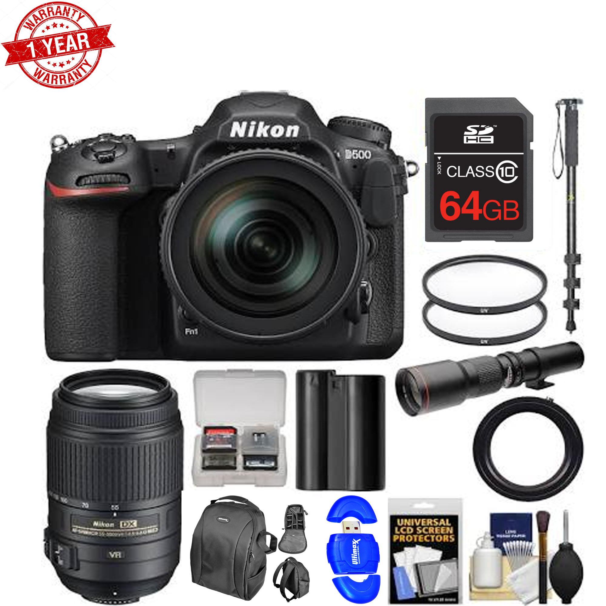 Nikon D500 Wi-Fi 4K Digital SLR Camera &amp;amp; 16-80mm VR Lens with 55-300mm VR &amp;amp; 500mm Lenses BUNDLE - image 1 of 1