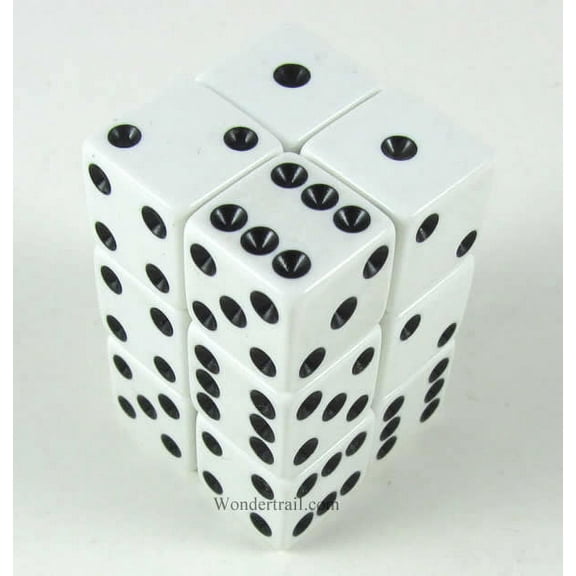 White Opaque Dice with Black Pips D6 16mm (5/8in) Pack of 12 Koplow Games