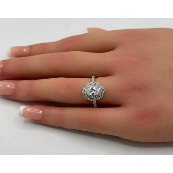 2.50TCW Oval Cut Real Moissanite Vintage Art Deco Floral Halo Wedding Bridal Ring for Women Perfect Gift for Her 18k White Gold Plated