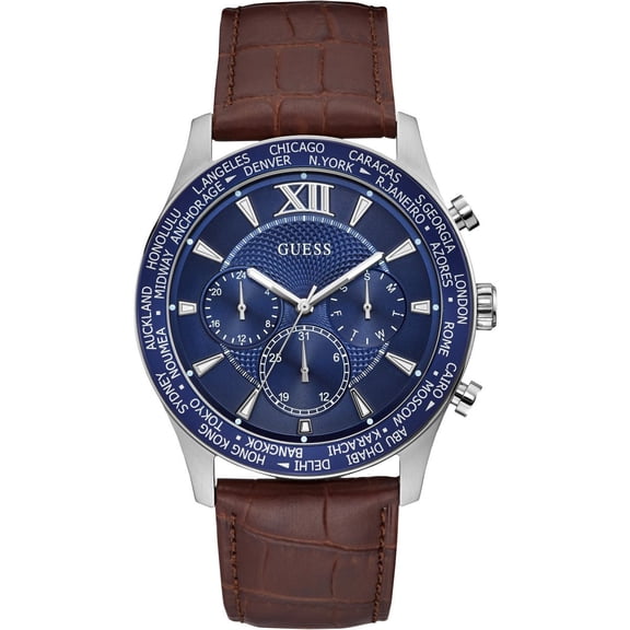Guess Gents Silver Watch Blue Dial Brown Print Strap W1262g1