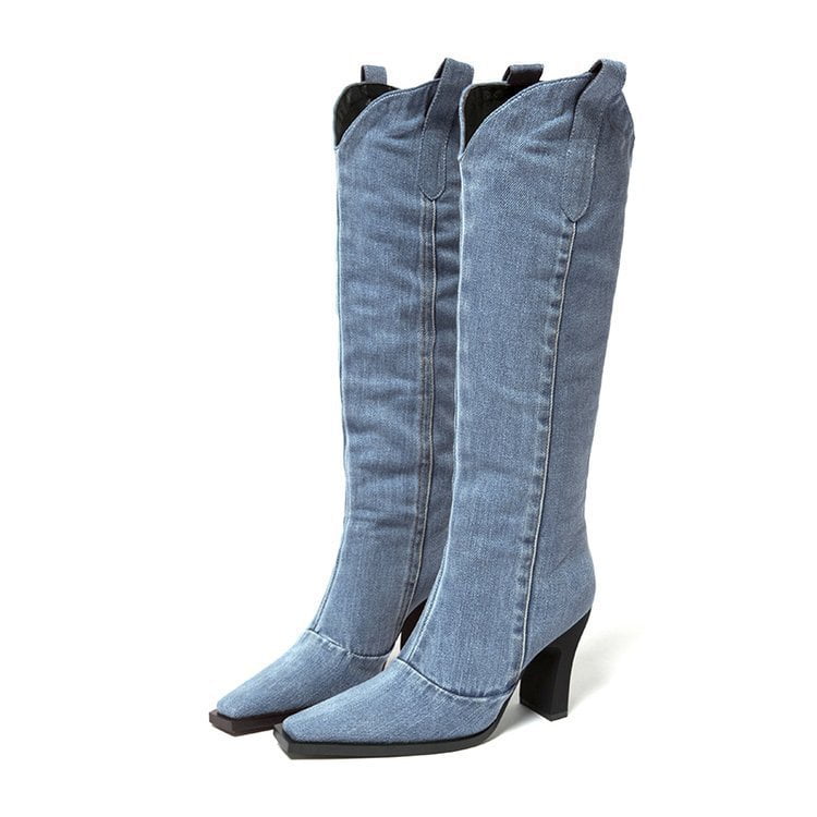 Classic Ladies High Boots Knee-high Denim Boots High Heels for