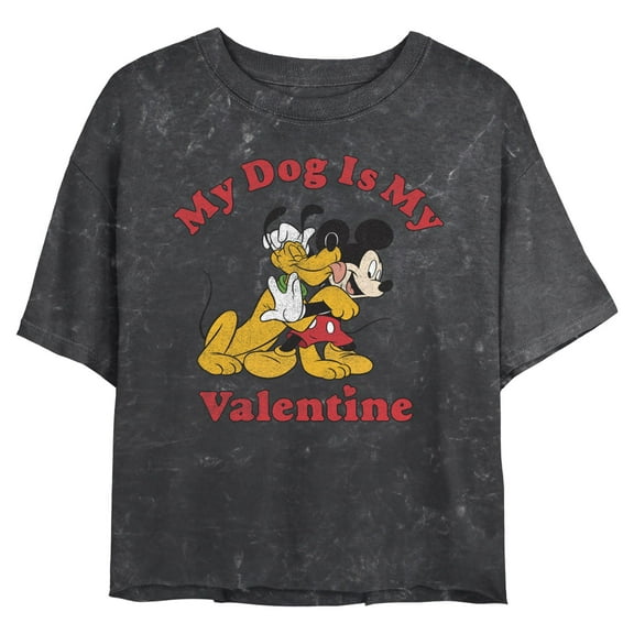 Junior's Mickey & Friends Valentine's Day Dog Graphic Cropped T-Shirt