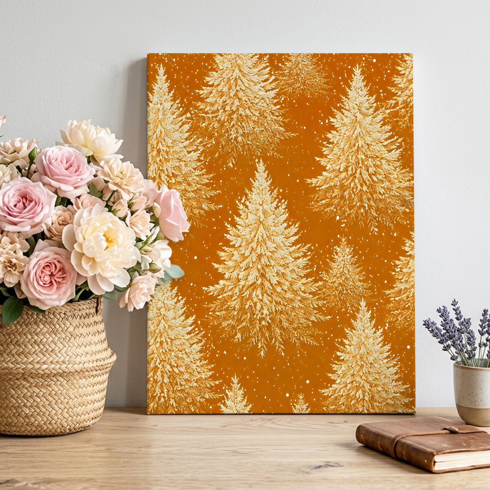 Frosty Forest R Canvas Wall Art Rustic Gold Pine Tree Forest Orange Background Pictures Wall Decor Wooden Framed Artwork Art Prints for Living Room Hallway Bedroom Office 8 x12