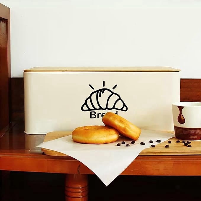 White Metal Bread Box with Bamboo Cutting Board Lid, Large Capacity Storage Organizer for Kitchen Countertop Home Use