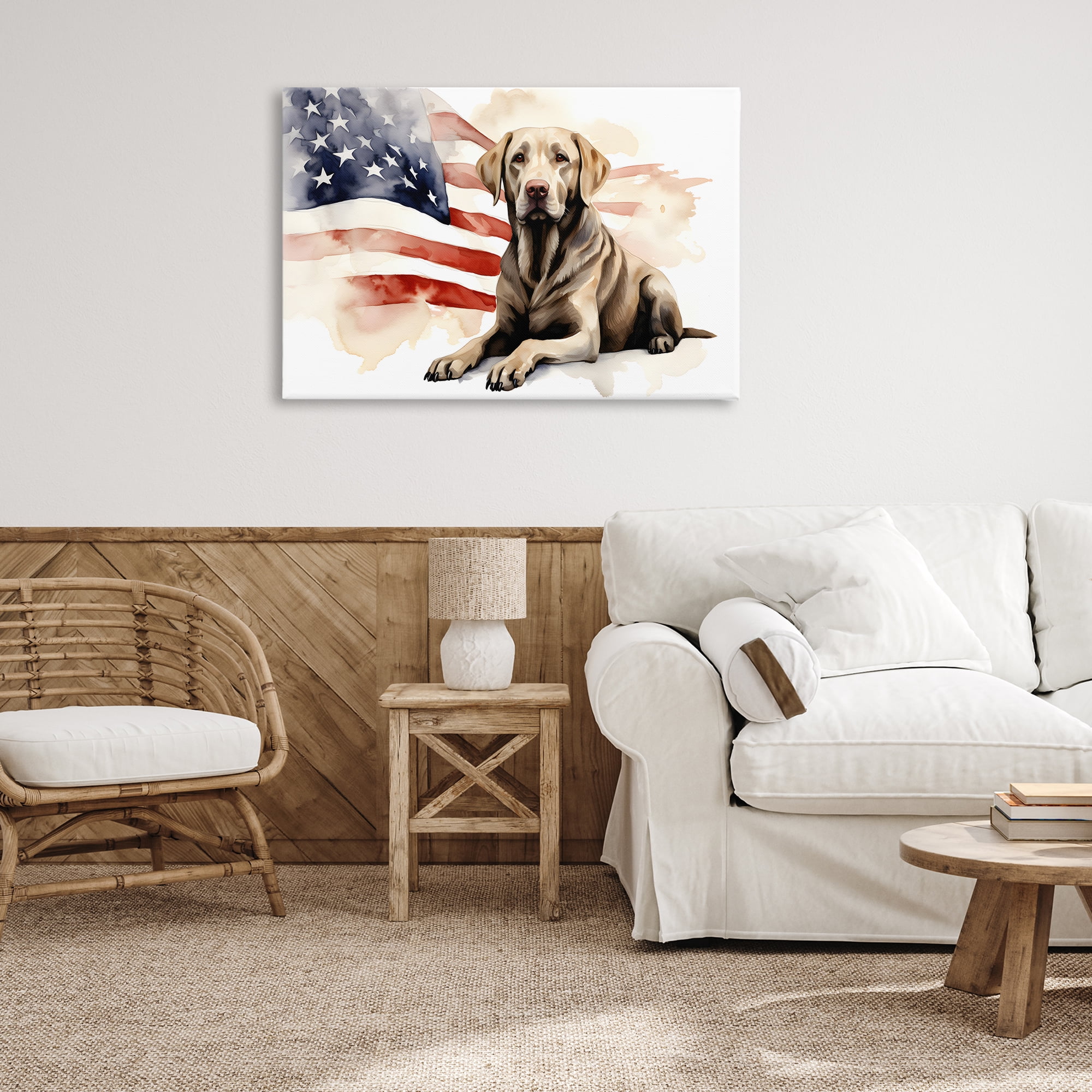 Stupell Industries Patriotic Dog with Flag Animals & Insects Painting Gallery Wrapped Canvas Art Print Wall Art, 36 x 24