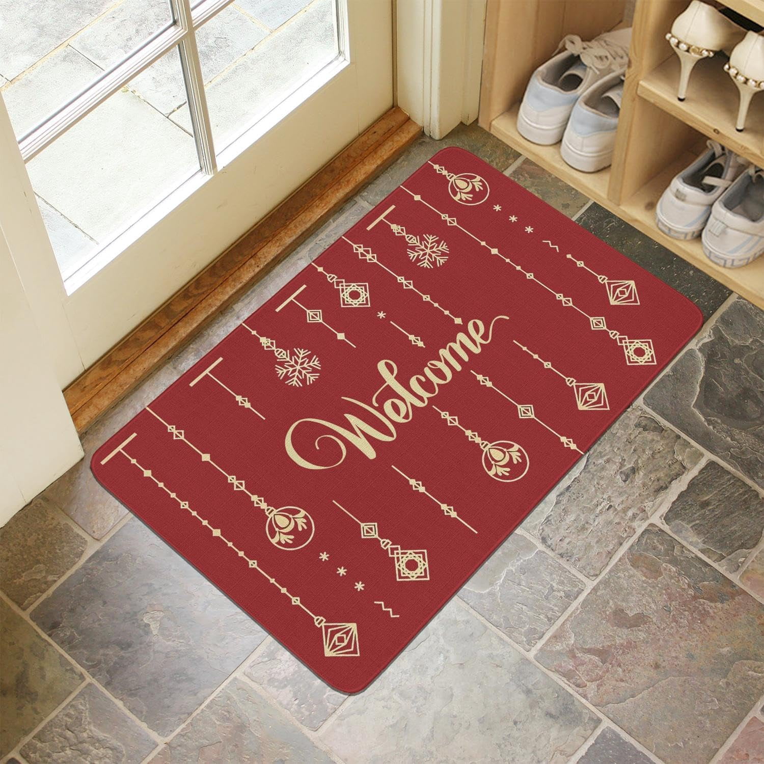 Invuni Christmas Welcome Door Mat Indoor & Outdoor Front Entrance Doormat Linen Rug Heavy Rubber Backing for Non Slip Home Decor, 30" X 17"
