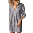 thumbnail image 2 of Lolmot Women's Shirt Dress V Neck 3/4 Sleeve Loose Casual Cotton Linen Maxi Dresses Solid Color Tunic Long Shirts Blouse, 2 of 3