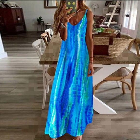 Dress Women Fashion Sling Mid-waist V-neck Sleeveless Printing Slim Beach Long Dress