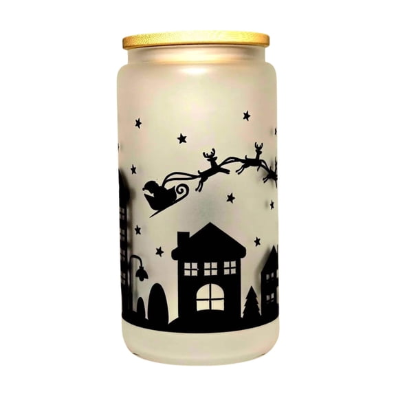 Christmas Santa coming to Town Glass Tumbler with Bamboo Lid. Travel cup holder size - Hand crafted long lasting design