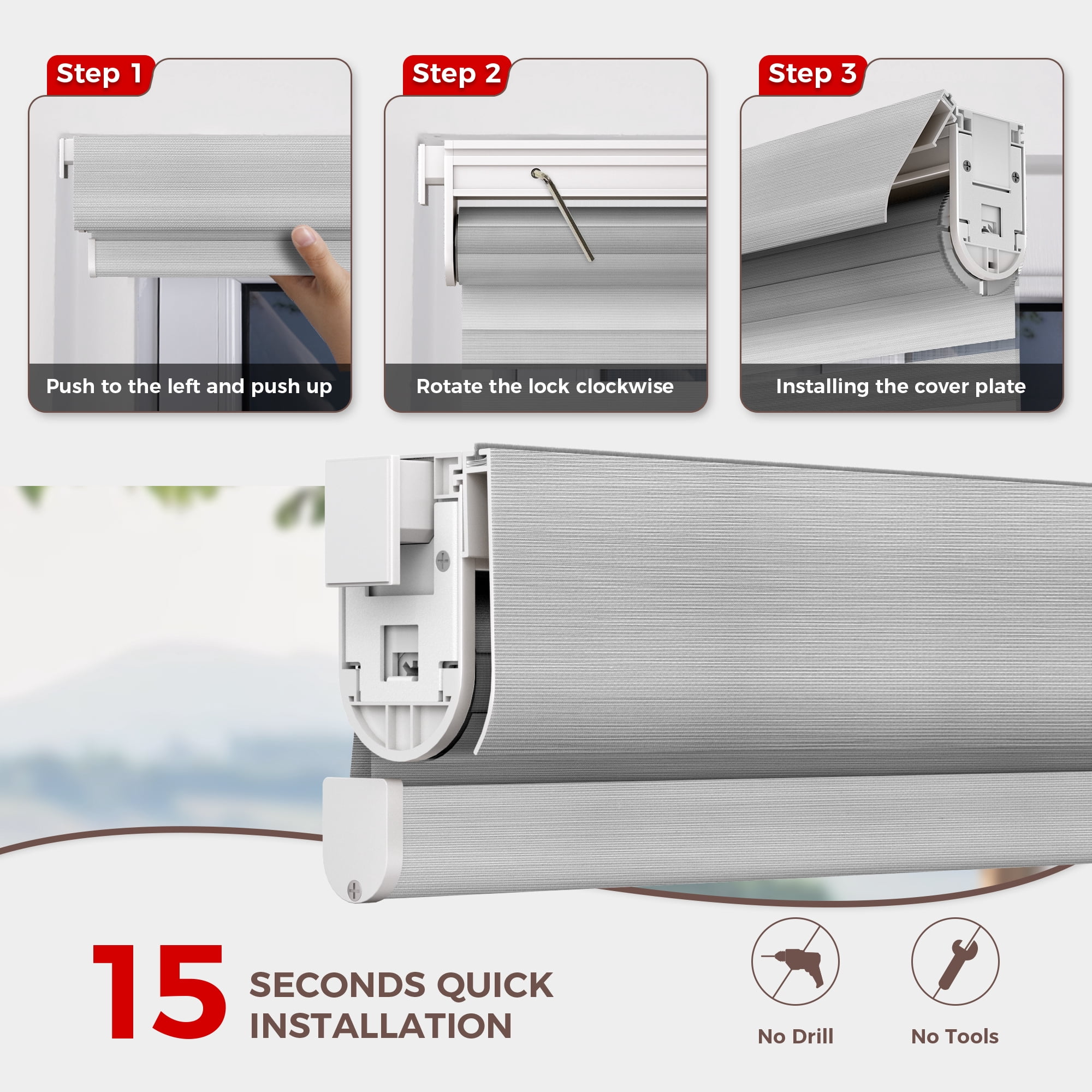 Allesin Zen No Drill No Tools Cordless Zebra Blinds, White, 34"Wx48"H