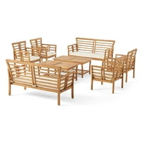Cascada Outdoor Modern Acacia Wood 8 Seater Chat Set with Cushions, Brown Patina and Cream