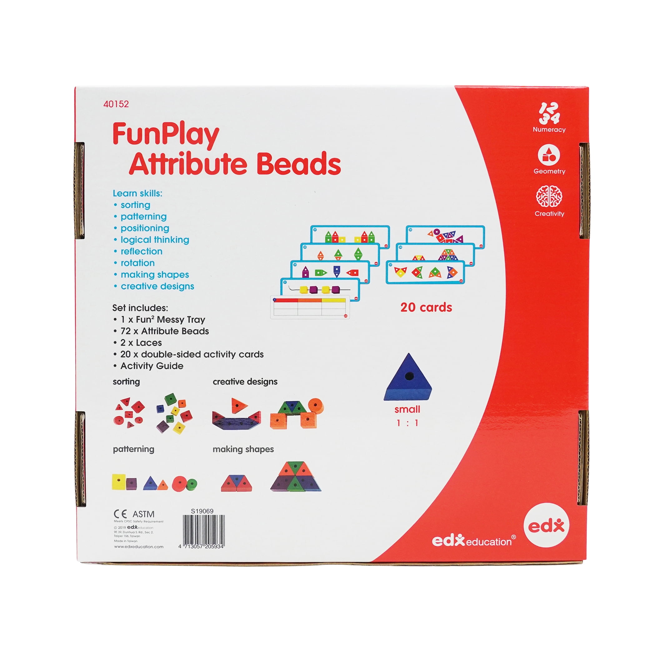 edxeducation FunPlay Attribute Beads - 72 Wooden Lacing Beads + 2 Laces + 40 Activities + Messy Tray