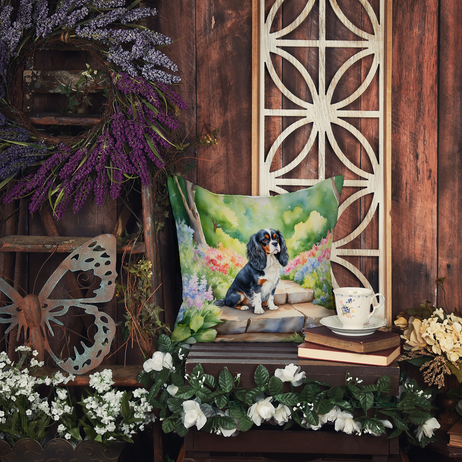 Cavalier Spaniel Spring Path Throw Pillow 14 in x 14 in