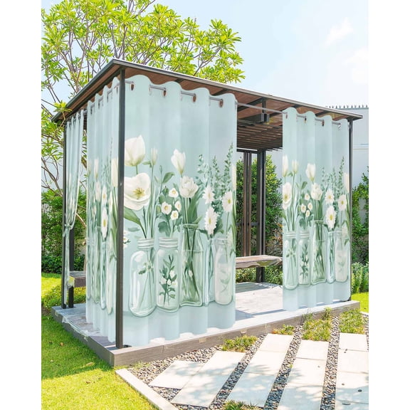 nqOlkjepod Outdoor Curtains for Patio Waterproof, Spring Floral Outdoor Privacy Panels Grommet, Summer Daisy Tulip Flowers Teal White Blackout Outside Curtains for Porch/Cabana 54"x95", 1 Panel