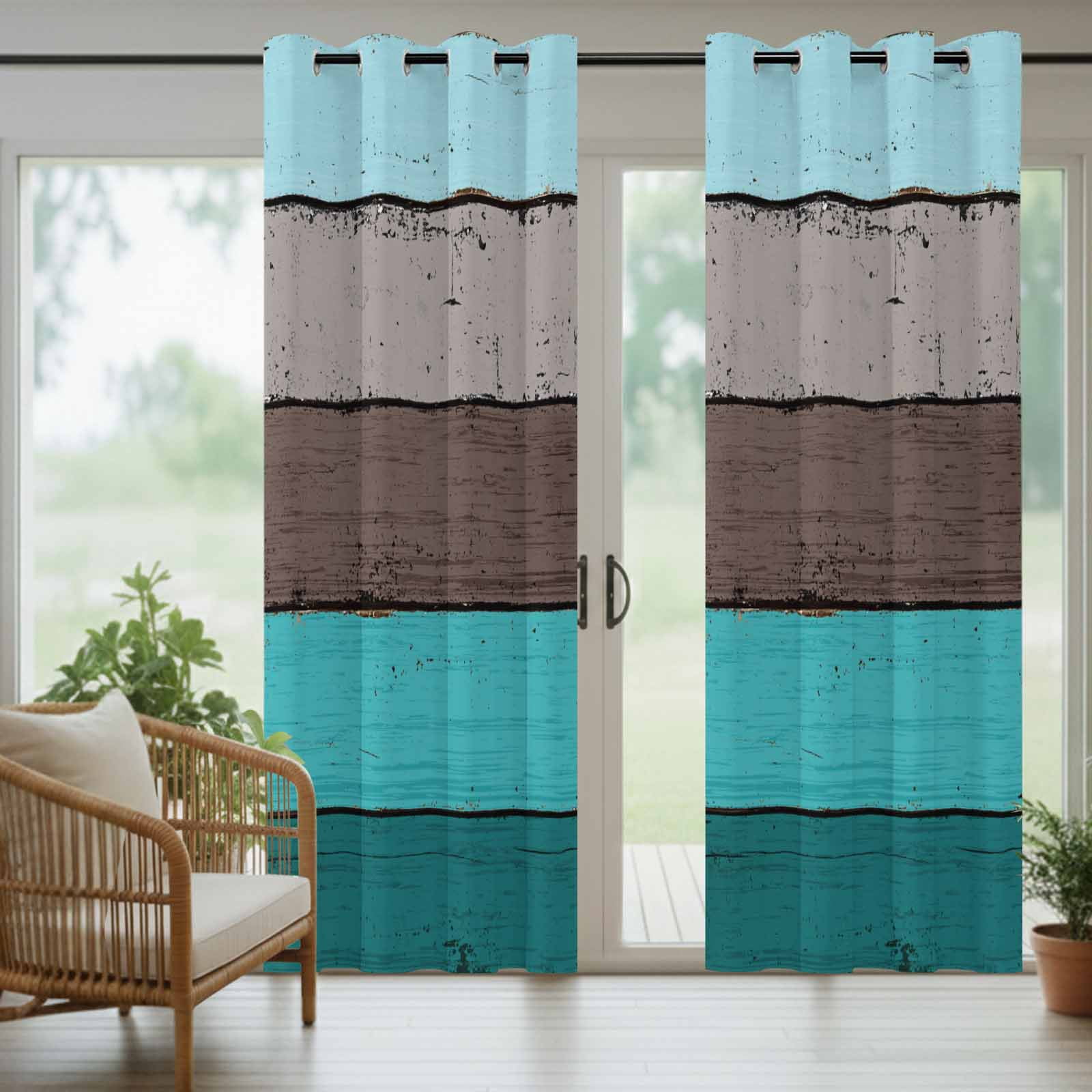 Outdoor Curtains for Patio Waterproof, Aqua Grey Windproof Pravicy Outside Porch Blackout Curtain, Vintage Stripe Farmhouse Wood Grain Ombre Sun Blocking Grommets Curtains for Cabana Gazebo 54"x108"