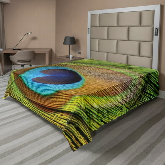 Ambesonne Exotic Flat Sheet, Green Peacock Feathers, Queen Size, Green Teal Mustard