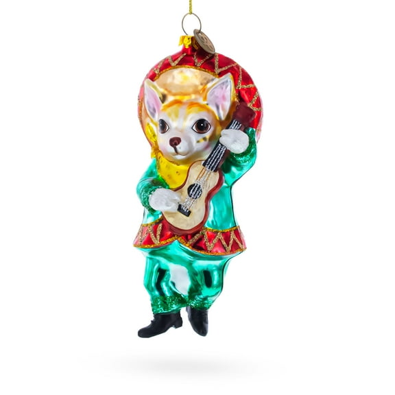 Mariachi Chihuahua Guitarist Glass Christmas Ornament