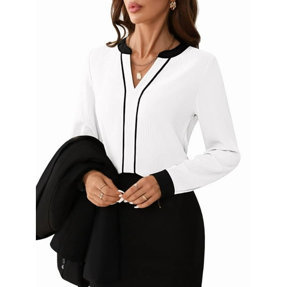 Womens Dressy V Neck Color Block Business Casual Blouses Long Sleeve Work Shirts Fall Trendy Clothes White S